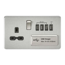 Screwless Brushed Chrome Single Switched Socket With Quad USB Charger
