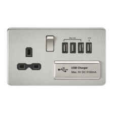 Screwless Brushed Chrome Single Switched Socket With Quad USB Charger - With Black Interior