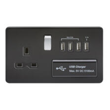 Screwless Matt Black Single Switched Socket With Quad USB Charger With Chrome Rocker Switches