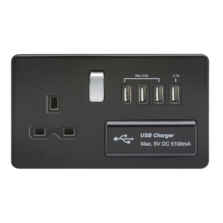 Screwless Matt Black Single Switched Socket With Quad USB Charger With Chrome Rocker Switches - Matt Black With Chrome Rocker