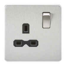Screwless Brushed Chrome Single Switched Socket - With Black Interior