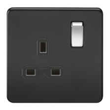 Screwless Matt Black Single Switched Socket With Chrome Rocker Switch - 1 Gang DP Switched Socket