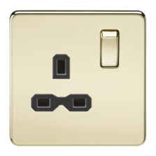 Screwless Polished Brass Single Switched Socket - With Black Interior