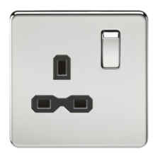 Screwless Polished Chrome Single Switched Socket - With Black Interior