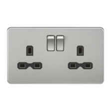 Screwless Brushed Chrome Double Switched Socket - With Black Interior