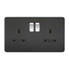Screwless Matt Black Double Switched Socket With Chrome Rocker Switches