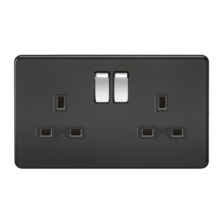 Screwless Matt Black Double Switched Socket With Chrome Rocker Switches - 2 Gang DP 