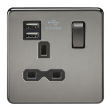 Screwless Black Nickel Single Switched Socket With Dual USB Charger
