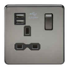 Screwless Black Nickel Single Switched Socket With Dual USB Charger - Black Nickel With Chrome Rocker
