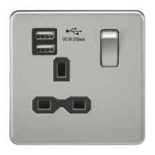 Screwless Brushed Chrome Single Switched Socket With Dual USB Charger - With Black Interior