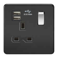 Screwless Matt Black Single Switched Socket With Dual USB Charger With Chrome Rocker Switches - Matt Black With Chrome Rocker Switch
