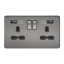 Screwless Black Nickel Double Switched Socket With Dual USB Charger