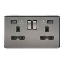 Screwless Black Nickel Double Switched Socket With Dual USB Charger - Black Nickel With Chrome Rocker