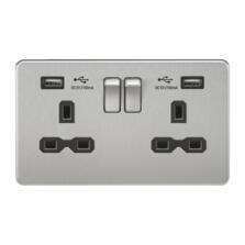 Screwless Brushed Chrome Double Switched Socket With Dual USB Charger