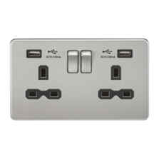 Screwless Brushed Chrome Double Switched Socket With Dual USB Charger - With Black Interior