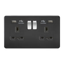Screwless Matt Black Double Socket With USB Charger With Chrome Rocker Switches