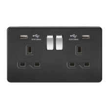 Screwless Matt Black Double Socket With USB Charger With Chrome Rocker Switches - 2 Gang
