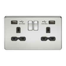 Screwless Polished Chrome Double Switched Socket With Dual USB Charger - With Black Interior