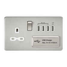 Screwless Brushed Chrome Single Switched Socket With Quad USB Charger - With White Interior