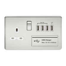 Screwless Polished Chrome Single Switched Socket With Quad USB Charger - With White Interior