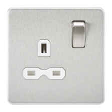 Screwless Brushed Chrome Single Switched Socket - With White Interior