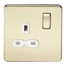 Screwless Polished Brass Single Switched Socket - With White Interior