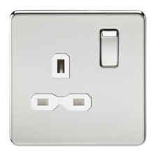Screwless Polished Chrome Single Switched Socket - With White Interior