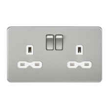 Screwless Brushed Chrome Double Switched Socket - With White Interior