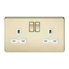 Screwless Polished Brass Double Switched Socket - With White Interior