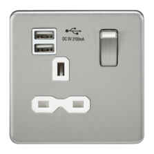 Screwless Brushed Chrome Single Switched Socket With Dual USB Charger - With White Interior