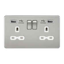 Screwless Brushed Chrome Double Switched Socket With Dual USB Charger - With White Interior