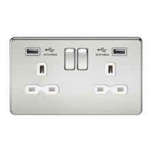 Screwless Polished Chrome Double Switched Socket With Dual USB Charger - With White Interior