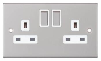 Slimline 13A Double Switched Socket - Satin Chrome - With White Interior
