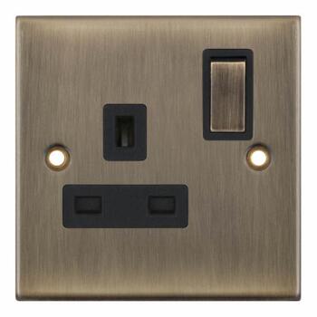 Slimline 13A Single Switched Socket -Antique Brass - With Black Interior
