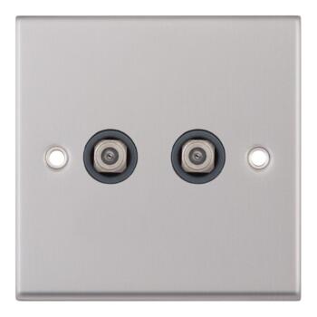 Satin Chrome & Grey Co-Axial Television Socket - 2 Gang Double Satellite