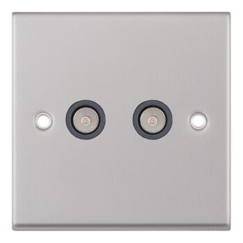 Satin Chrome & Grey Co-Axial Television Socket - 2 Gang Double TV/FM