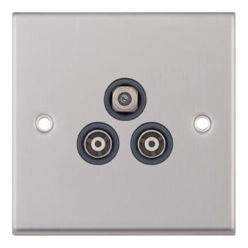 Satin Chrome & Grey Co-Axial Television Socket - 3 Gang Triple Satellite & Twin Coax 