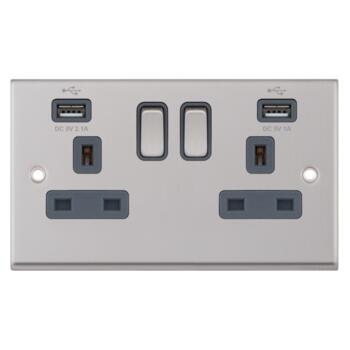Satin Chrome & Grey Double Socket With USB Charger - 2 Gang With USB