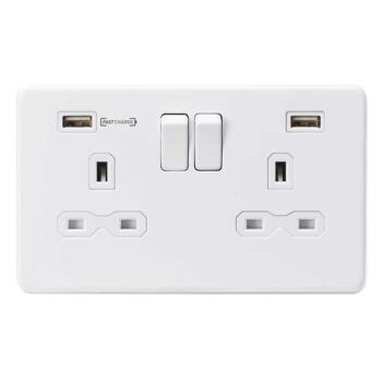 Screwless Matt White Switched Socket With USB - 2 Gang with 2 x Fastcharge USB A