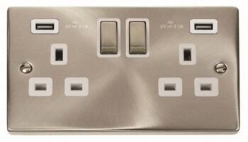 Satin Chrome Double Socket With USB Charger - Double 2 Gang With USB - White