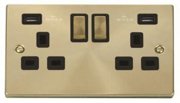 Satin Brass Double Socket 2 Gang Switched - Double 2 Gang With USB - Black
