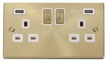 Satin Brass Double Socket 2 Gang Switched - Double 2 Gang With USB - White