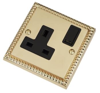 Georgian Brass Single Socket - 13A 1 Gang Switched - With Black Interior