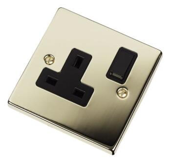 Polished Brass Single Socket - 13A 1 Gang Switched - With Black Interior