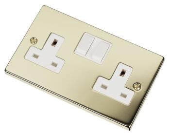 Polished Brass Double Socket -2 Gang Twin Switched - With White Interior