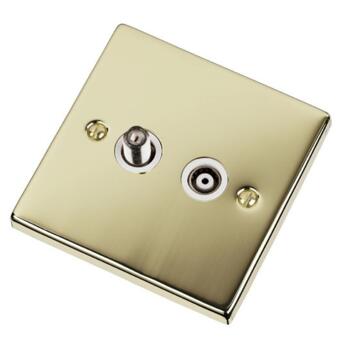 Polished Brass Satellite & TV Socket - Co-ax Out - With White Interior