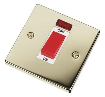Polished Brass Cooker or Shower Isolator Switch45A - With White Interior