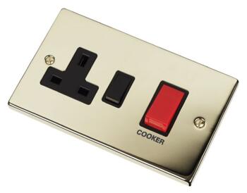 Polished Brass Cooker Switch with Socket 45A DP - With Black Interior