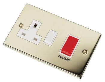 Polished Brass Cooker Switch with Socket 45A DP - With White Interior