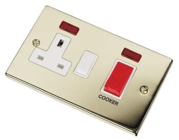 Polished Brass Cooker Switch & Socket 45A DP Neon - With White Interior